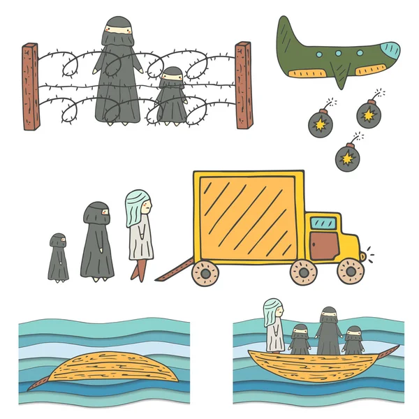 Hand drawn doodle refugees collection — Stock Vector