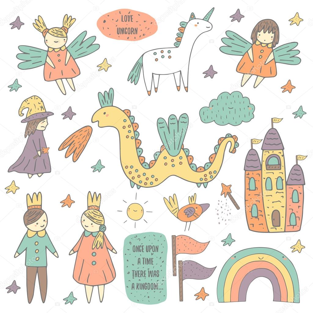 Cute hand drawn doodle fairy tale objects