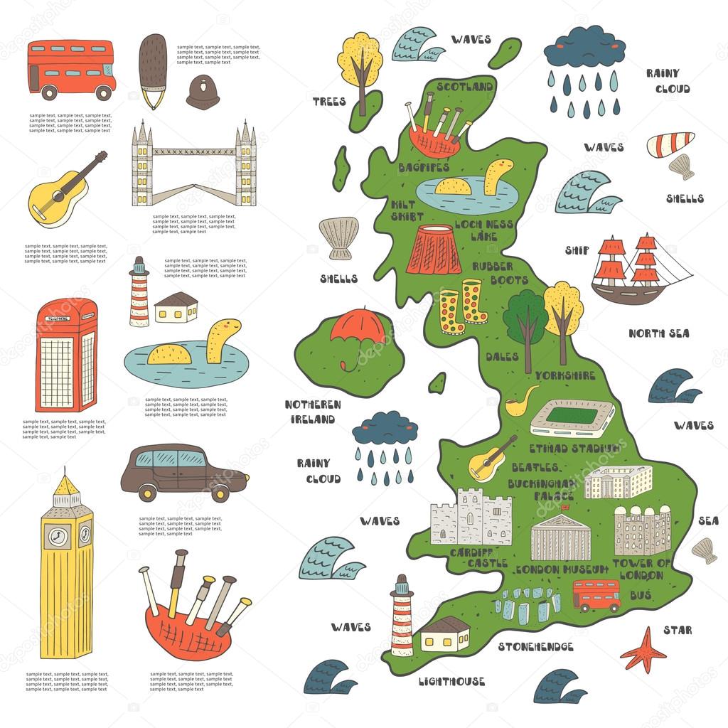 Cute hand drawn doodle map on England