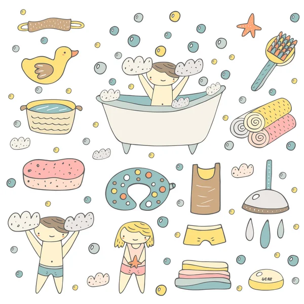 Mignon bébé dessiné à la main objets de bain — Image vectorielle