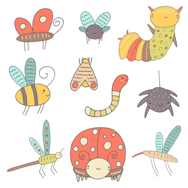 Lindos insectos garabatos dibujados a mano — Vector de stock