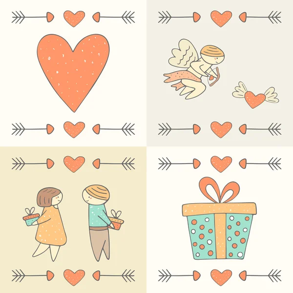 Bonito mão desenhado doodle st cartões postais dia dos namorados — Vetor de Stock