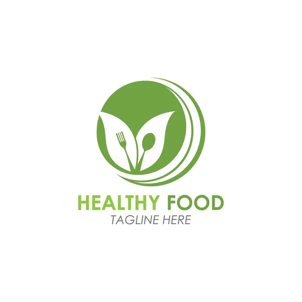 Horquilla Logotipo Alimentos Saludables Con Decoración Hojas Verdes Vector Icono — Vector de stock