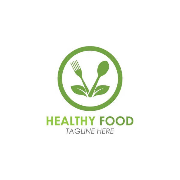 Horquilla Logotipo Alimentos Saludables Con Decoración Hojas Verdes Vector Icono — Vector de stock