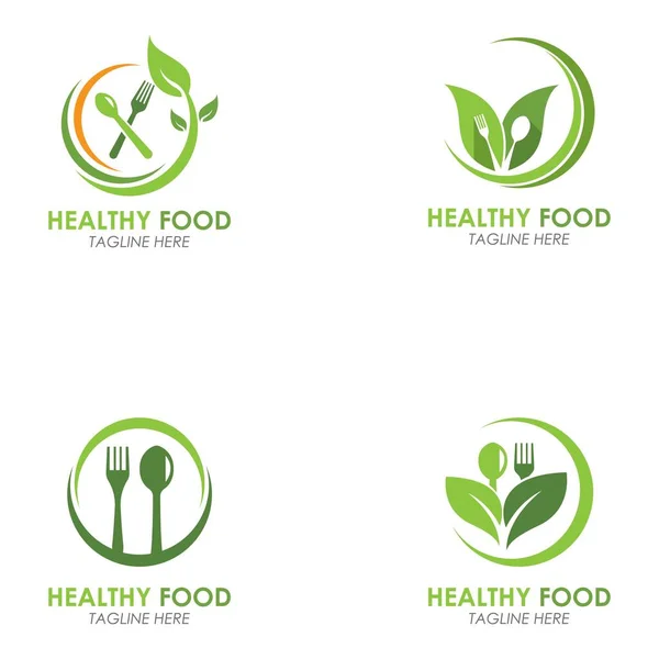 Set Alimentos Saludables Logo Tenedor Con Hojas Verdes Decoración Vector — Vector de stock