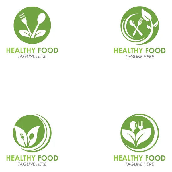 Set Alimentos Saludables Logo Tenedor Con Hojas Verdes Decoración Vector — Vector de stock