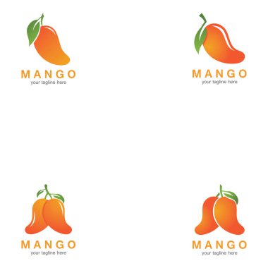 Mango meyveli logo vektör çizim şablonu. Mango düz stil. Mango simgesi. Modern tarzda mango ve sağlıklı meyve tasarımı. Vektör illüstrasyonu