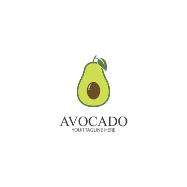 Avokado meyve logosu şablonu. Avokado yarısı yaprak vektör tasarımlı. Sağlıklı gıda logosu avokado logosu tasarım vektör çizimi
