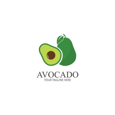 Avokado meyve logosu şablonu. Avokado yarısı yaprak vektör tasarımlı. Sağlıklı gıda logosu avokado logosu tasarım vektör çizimi