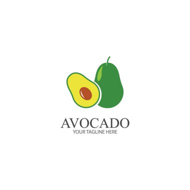 Avokado meyve logosu şablonu. Avokado yarısı yaprak vektör tasarımlı. Sağlıklı gıda logosu avokado logosu tasarım vektör çizimi