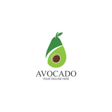 Avokado meyve logosu şablonu. Avokado yarısı yaprak vektör tasarımlı. Sağlıklı gıda logosu avokado logosu tasarım vektör çizimi