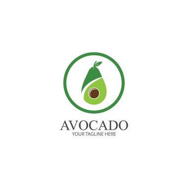 Avokado meyve logosu şablonu. Avokado yarısı yaprak vektör tasarımlı. Sağlıklı gıda logosu avokado logosu tasarım vektör çizimi