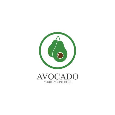 Avokado meyve logosu şablonu. Avokado yarısı yaprak vektör tasarımlı. Sağlıklı gıda logosu avokado logosu tasarım vektör çizimi