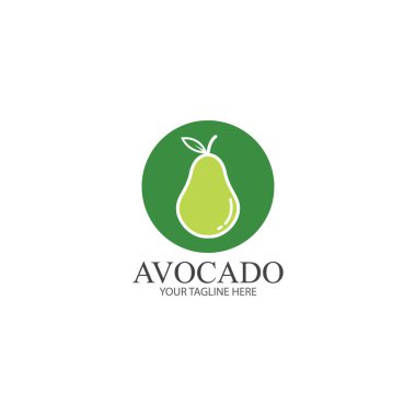 Avokado meyve logosu şablonu. Avokado yarısı yaprak vektör tasarımlı. Sağlıklı gıda logosu avokado logosu tasarım vektör çizimi