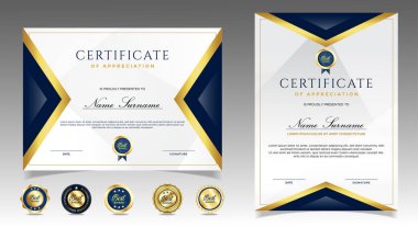 Takdir belgesi, altın ve mavi renk. Altın rozetli temiz modern sertifika. Lüks ve modern sınır şablonu sertifikası. Diploma vektör şablonu