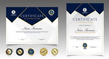 Takdir belgesi, altın ve mavi renk. Altın rozetli temiz modern sertifika. Lüks ve modern sınır şablonu sertifikası. Diploma vektör şablonu