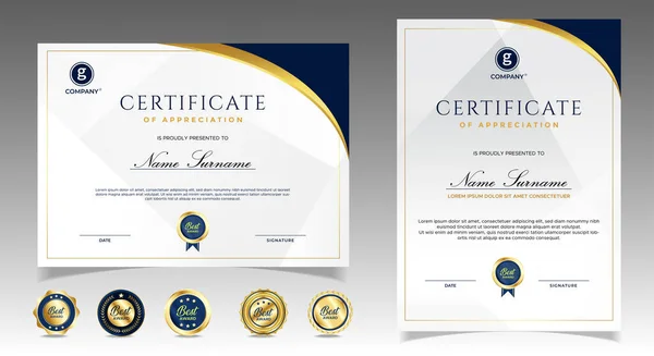 Certificat Șablon Apreciere Culoare Aurie Albastră Certificat Modern Curat Insignă — Vector de stoc