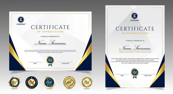 Plantilla Certificado Agradecimiento Oro Color Azul Certificado Moderno Limpio Con — Vector de stock