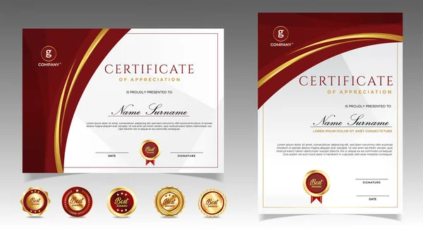 Plantilla Certificado Agradecimiento Oro Color Rojo Certificado Moderno Limpio Con — Vector de stock