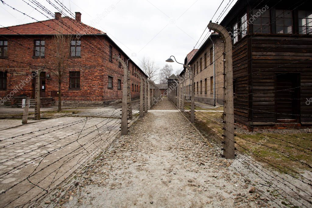 Brick barracks at Auschwitz-Birkenau concentration camp in Poland