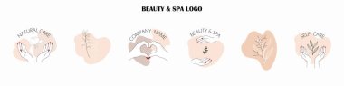 Güzellik kaplıcası logo ikonu seti. Doğal çiçek elementleriyle çizilmiş kadın elinin vektör çizimi. Organik sağlık salonu konsepti, temel petrol, kozmetoloji iş logosu.