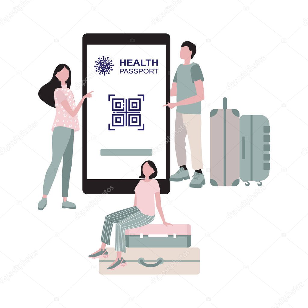 Covid-19 passport, health passport, vaccination certificate, safe traveling. Concept of traveling after pandemic. Web banner, flat vector illustration. 