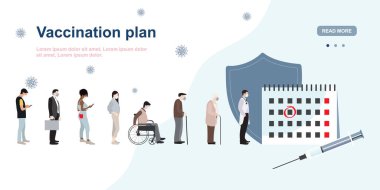 Covid-19 aşısı birinci aşama öncelikli grup çizimi. İnsanlar sırada bekleyip aşı sırasını bekliyorlar. Sancak, düz vektör illüstrasyonu.