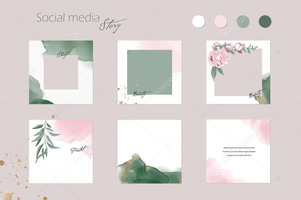 abstract Instagram backgrounds, social media stories, posts feed layouts. pink green watercolor vector texture frame mockup. for beauty, jewelry, fashion, cosmetics, wedding, summer