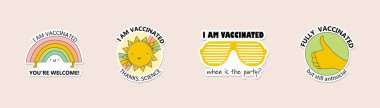 I am vaccinated badge. poster, card or sticker with funny saying quote about covid-19 vaccination text. web icon or button. vector illustration. clipart