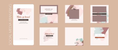 Asgari soyut Instagram sosyal medya hikayesi besleme arkaplan düzeni, web pankartı şablonu. Pembe, çıplak, pastel, sulu boya vektörü. Güzellik, mücevher, kozmetik, bakım, düğün, makyaj salonu