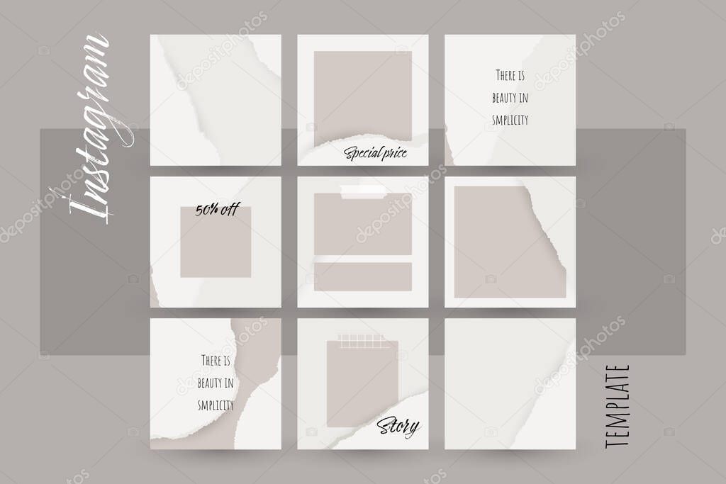 Instagram social media story post background. ripped torn paper texture template mockup in neutral nude color. abstract simple universal layout for square booklet, brochure, flyer. for beauty, make up
