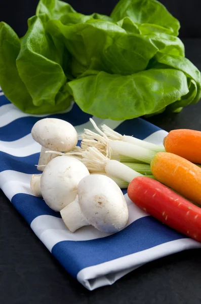 Fresh Salad Mushrooms Scallions Colored Carrots Dark Background Vertical — Stock Photo, Image