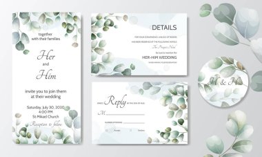 wedding invitation card with Eucalyptus leaves template clipart
