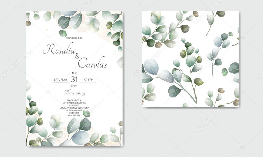 wedding invitation card with Eucalyptus leaves template