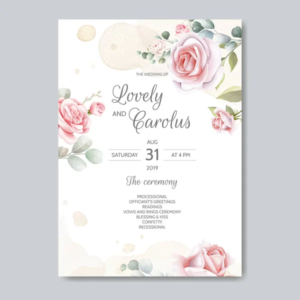 Bröllop Inbjudan Kort Mall Set Med Vackra Blommor Blad — Stock vektor