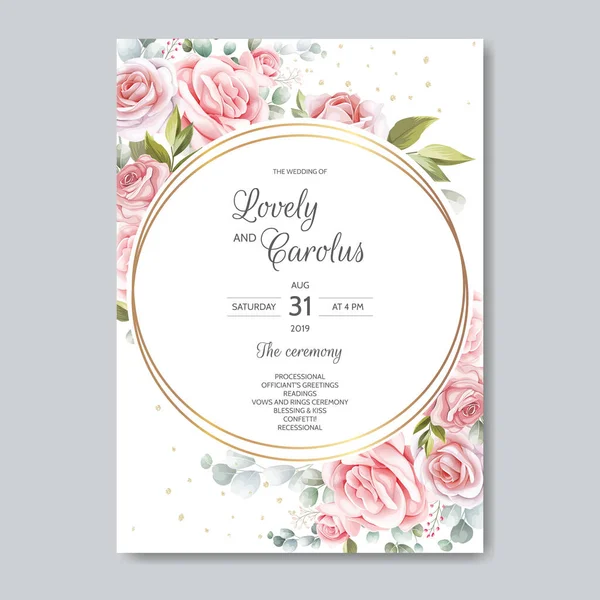 Huwelijksuitnodiging Kaart Template Set Met Mooie Bloemen Bladeren — Stockvector