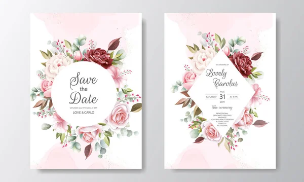Γαμήλια Πρόσκληση Πρότυπο Κάρτα Που Όμορφα Λουλούδια Φύλλα — Διανυσματικό Αρχείο