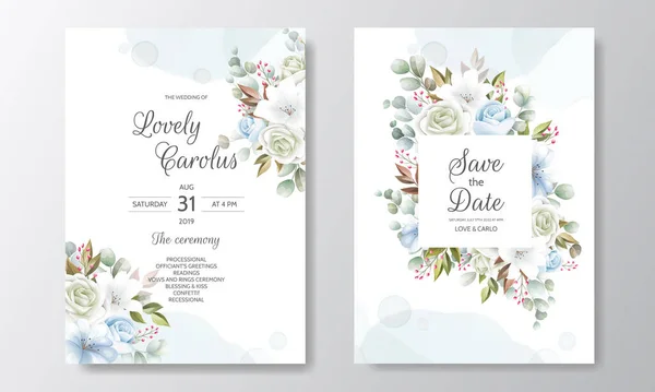 Modelo Cartão Convite Casamento Conjunto Com Belas Folhas Florais — Vetor de Stock