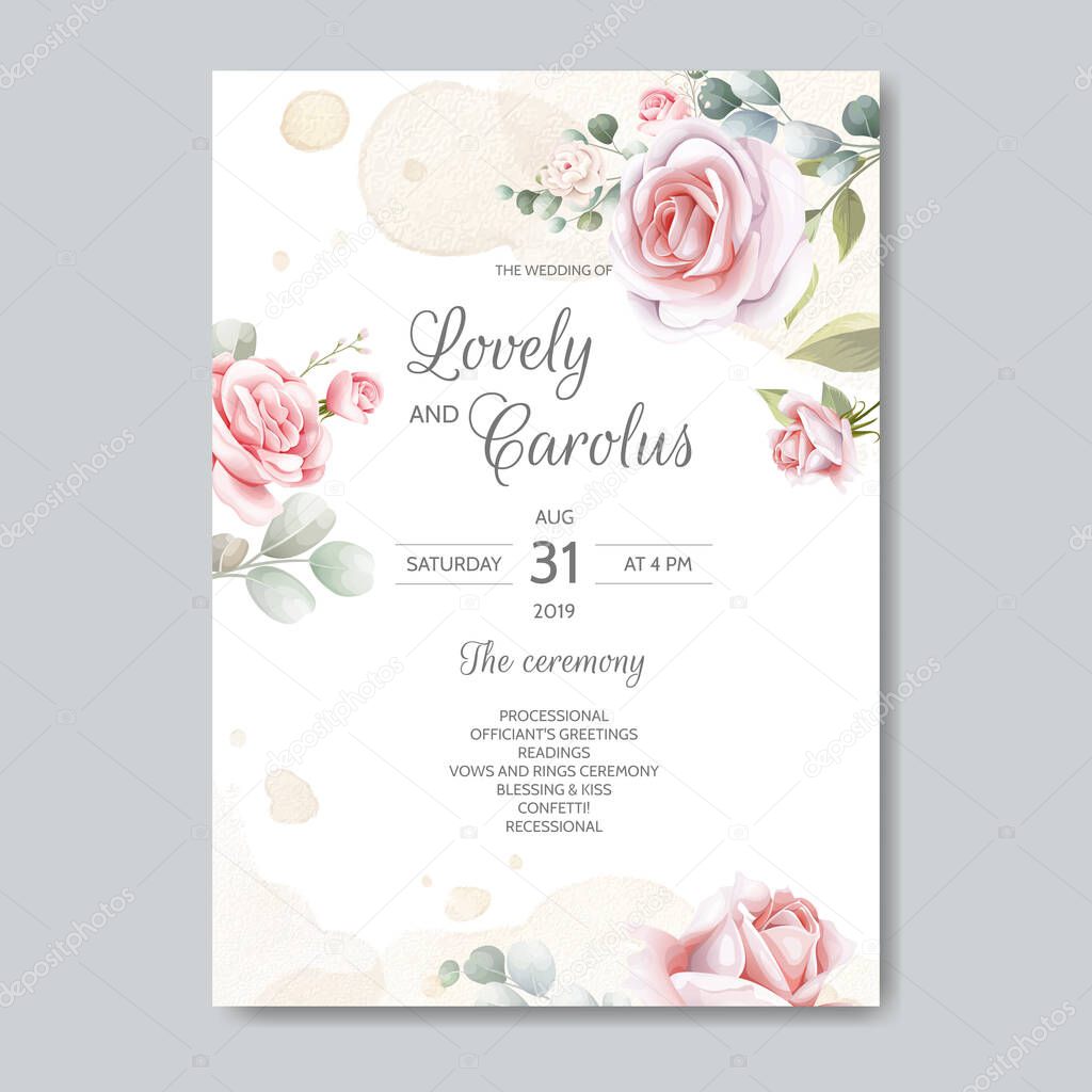 Wedding invitation card template set with beautiful floral leaves