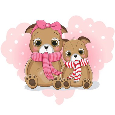 Arka plandaki kalpte iki sevimli köpek yavrusu çizgi filmi