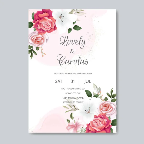 Belle Invitation Mariage Floral Avec Fleurs Roses Feuilles Vertes — Image vectorielle