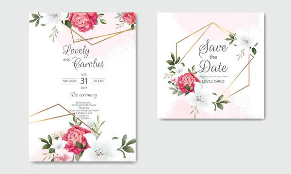 Vackra Blommor Bröllop Inbjudan Med Blommande Rosor Och Gröna Blad — Stock vektor