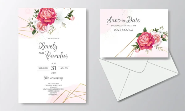 Όμορφη Floral Γαμήλια Πρόσκληση Ανθισμένα Τριαντάφυλλα Και Πράσινα Φύλλα — Διανυσματικό Αρχείο