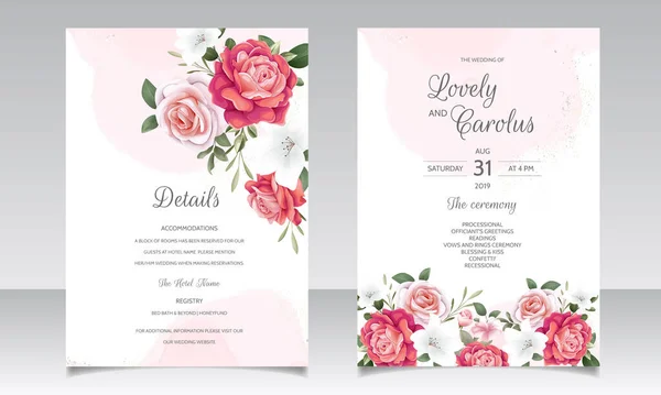 Bellissimo Invito Matrimonio Floreale Con Rose Fiore Foglie Verdi — Vettoriale Stock