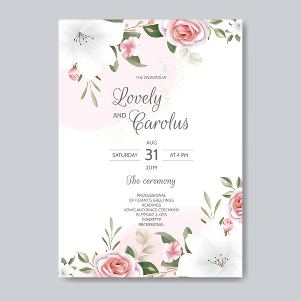 Bellissimo Invito Matrimonio Floreale Con Rose Fiore Foglie Verdi — Vettoriale Stock