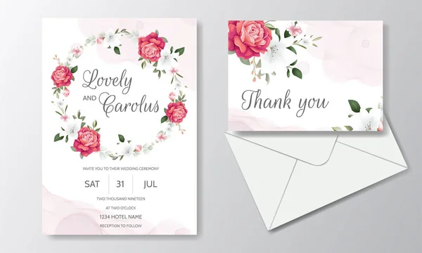Belle Invitation Mariage Floral Avec Fleurs Roses Feuilles Vertes — Image vectorielle