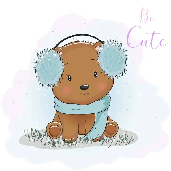 可爱的卡通熊 头戴毛皮耳机和围巾 — 图库矢量图片