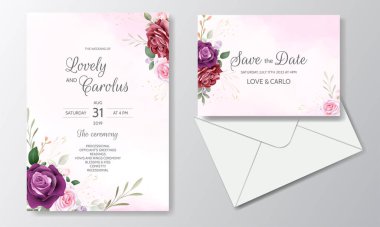 Düğün davetiyesi şablonu güzel çiçek yapraklarıyla ayarlandı