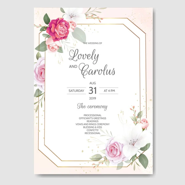 Mooie Bloemen Bruiloft Uitnodiging Kaart Template Set Met Aquarel Achtergrond — Stockvector