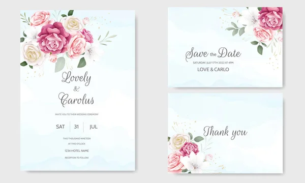 Bröllop Inbjudan Kort Mall Set Med Vackra Blommor Blad — Stock vektor